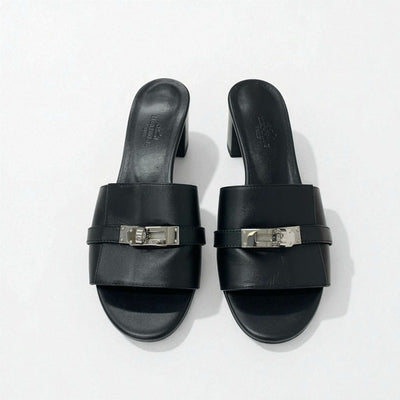 エルメス HERMES ジジ サンダル 靴 シューズ レザー ブラック シルバー ケリー金具 ミュール