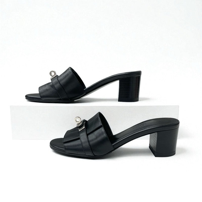 エルメス HERMES ジジ サンダル 靴 シューズ レザー ブラック シルバー ケリー金具 ミュール