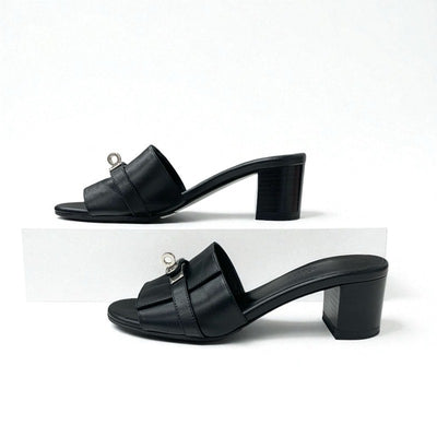 エルメス HERMES ジジ サンダル 靴 シューズ レザー ブラック シルバー ケリー金具 ミュール