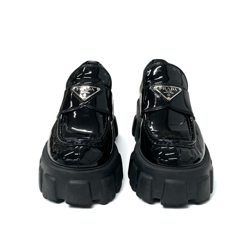 プラダ PRADA モノリス ローファー 革靴 靴 シューズ パテント ブラック 黒 シルバー プラットフォーム トライアングルロゴ