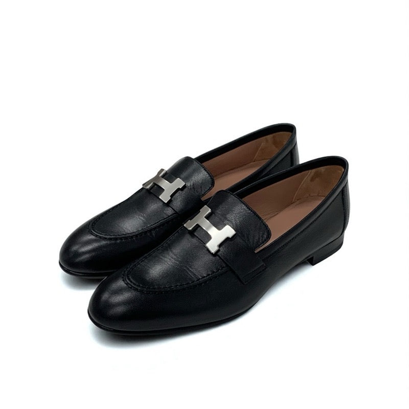 エルメス HERMES パリ ローファー 革靴 靴 シューズ レザー ブラック 黒 シルバー H金具 モカシン