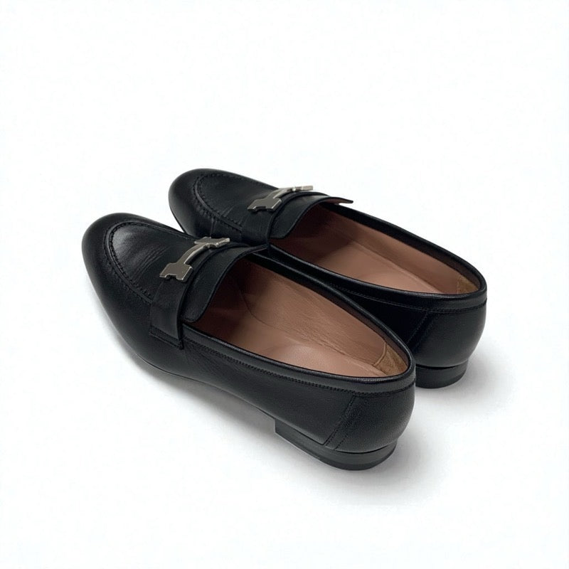 エルメス HERMES パリ ローファー 革靴 靴 シューズ レザー ブラック 黒 シルバー H金具 モカシン