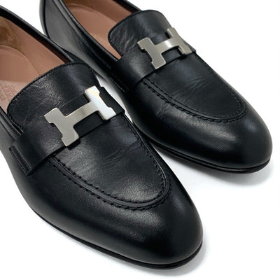 エルメス HERMES パリ ローファー 革靴 靴 シューズ レザー ブラック 黒 シルバー H金具 モカシン