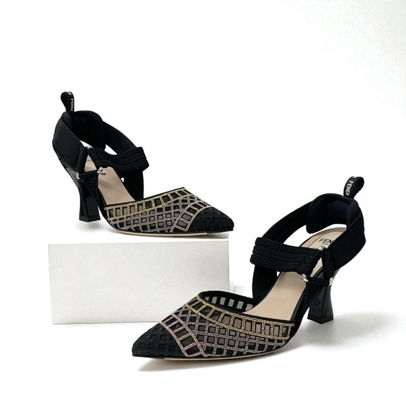 フェンディ FENDI コリブリ パンプス 靴 シューズ メッシュ ファブリック ブラック ゴールド シルバー 未使用 オーダー スリングバック ストラップ