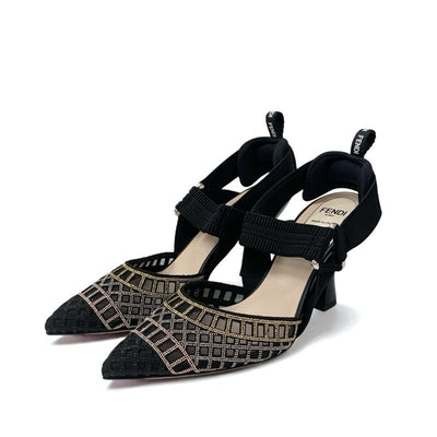 フェンディ FENDI コリブリ パンプス 靴 シューズ メッシュ ファブリック ブラック ゴールド シルバー 未使用 オーダー スリングバック ストラップ