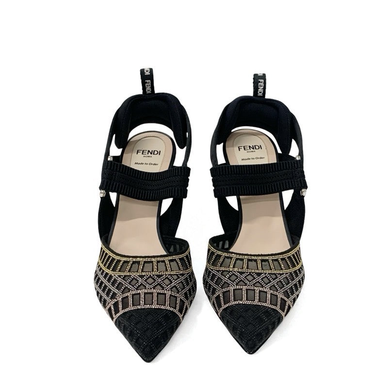フェンディ FENDI コリブリ パンプス 靴 シューズ メッシュ ファブリック ブラック ゴールド シルバー 未使用 オーダー スリングバック ストラップ