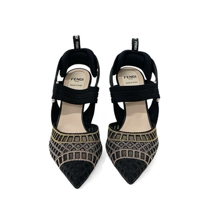フェンディ FENDI コリブリ パンプス 靴 シューズ メッシュ ファブリック ブラック ゴールド シルバー 未使用 オーダー スリングバック ストラップ