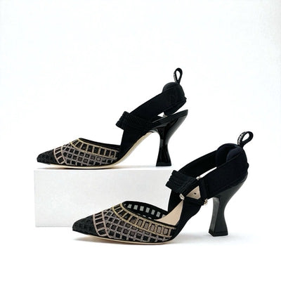 フェンディ FENDI コリブリ パンプス 靴 シューズ メッシュ ファブリック ブラック ゴールド シルバー 未使用 オーダー スリングバック ストラップ