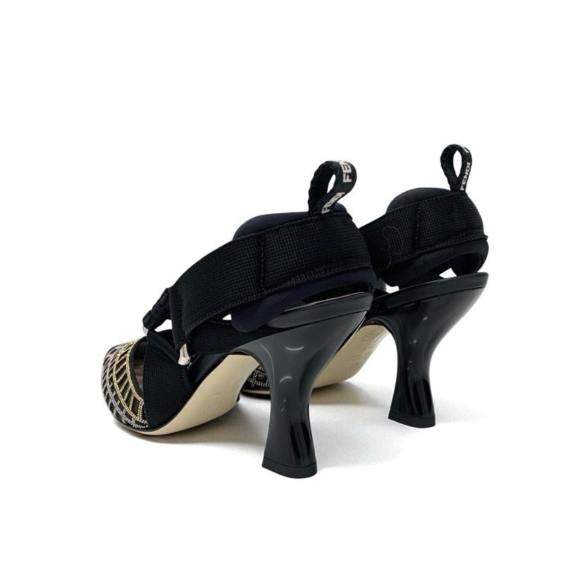 フェンディ FENDI コリブリ パンプス 靴 シューズ メッシュ ファブリック ブラック ゴールド シルバー 未使用 オーダー スリングバック ストラップ