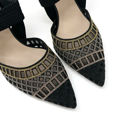 フェンディ FENDI コリブリ パンプス 靴 シューズ メッシュ ファブリック ブラック ゴールド シルバー 未使用 オーダー スリングバック ストラップ