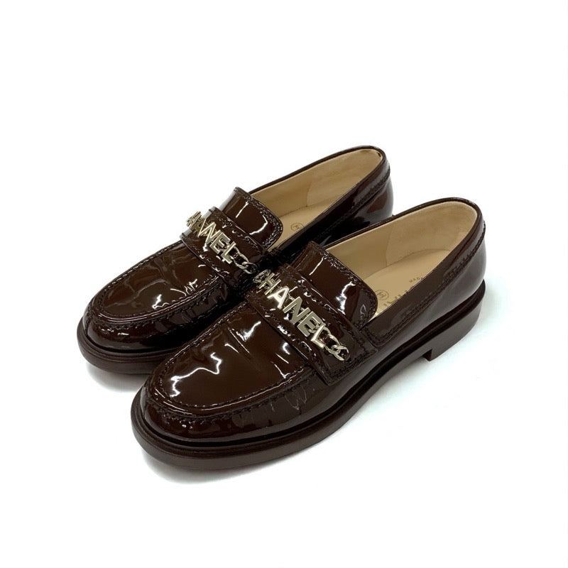 シャネル CHANEL ローファー 革靴 靴 シューズ パテント ブラウン ゴールド ロゴ ココマーク チェーン