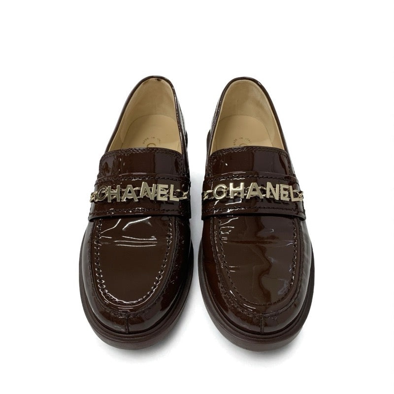 シャネル CHANEL ローファー 革靴 靴 シューズ パテント ブラウン ゴールド ロゴ ココマーク チェーン