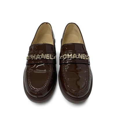 シャネル CHANEL ローファー 革靴 靴 シューズ パテント ブラウン ゴールド ロゴ ココマーク チェーン