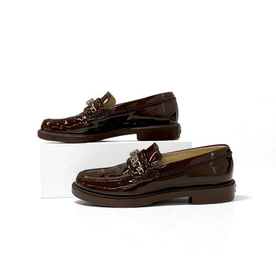 シャネル CHANEL ローファー 革靴 靴 シューズ パテント ブラウン ゴールド ロゴ ココマーク チェーン