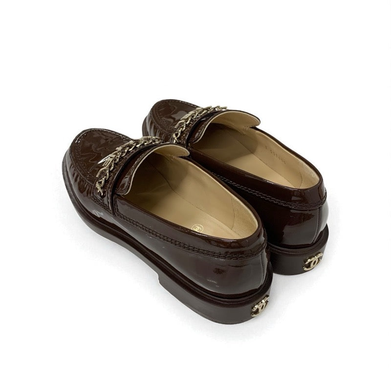 シャネル CHANEL ローファー 革靴 靴 シューズ パテント ブラウン ゴールド ロゴ ココマーク チェーン