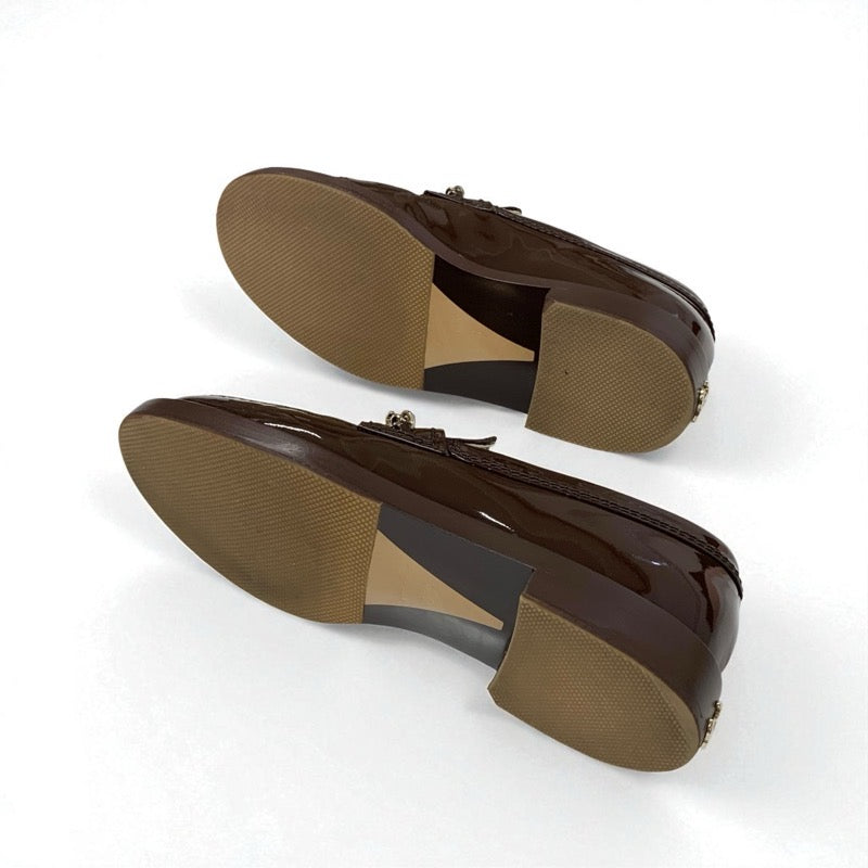 シャネル CHANEL ローファー 革靴 靴 シューズ パテント ブラウン ゴールド ロゴ ココマーク チェーン