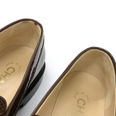 シャネル CHANEL ローファー 革靴 靴 シューズ パテント ブラウン ゴールド ロゴ ココマーク チェーン