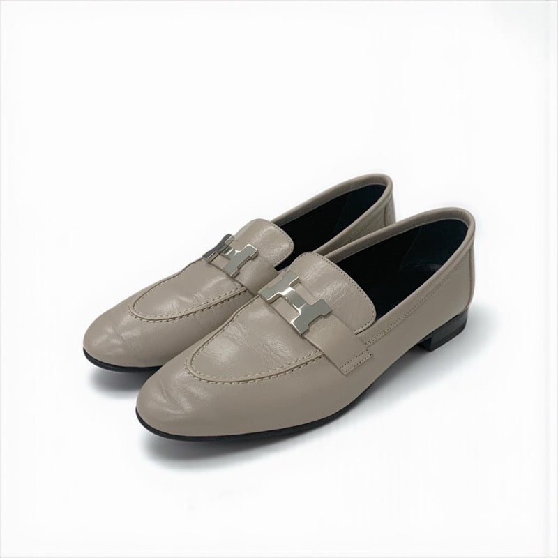 エルメス HERMES パリ ローファー 革靴 靴 シューズ レザー グレージュ シルバー モカシン H金具