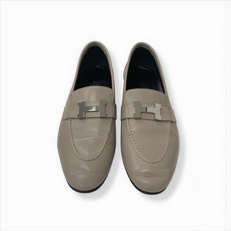 エルメス HERMES パリ ローファー 革靴 靴 シューズ レザー グレージュ シルバー モカシン H金具