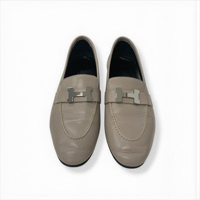 エルメス HERMES パリ ローファー 革靴 靴 シューズ レザー グレージュ シルバー モカシン H金具
