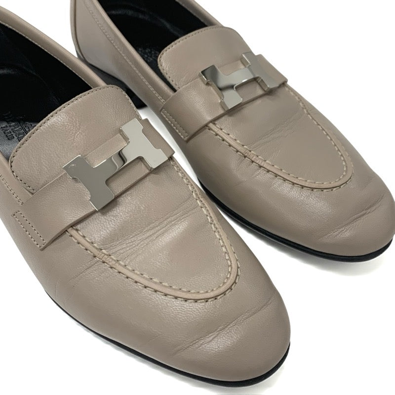 エルメス HERMES パリ ローファー 革靴 靴 シューズ レザー グレージュ シルバー モカシン H金具
