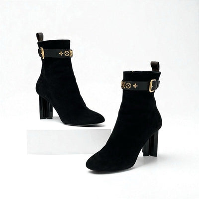 ルイヴィトン LOUIS VUITTON シルエットライン モノグラム ブーツ ショートブーツ 靴 シューズ スエード ブラック 黒 ゴールド アンクルブーツ LVロゴ