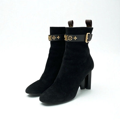 ルイヴィトン LOUIS VUITTON シルエットライン モノグラム ブーツ ショートブーツ 靴 シューズ スエード ブラック 黒 ゴールド アンクルブーツ LVロゴ