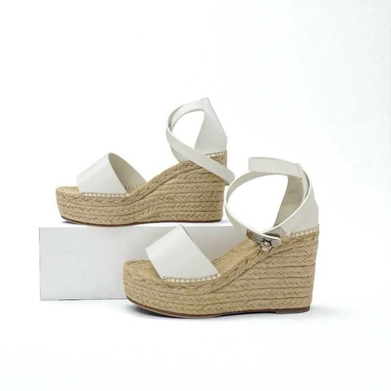 エルメス HERMES ティポリ サンダル 靴 シューズ レザー ホワイト 白 シルバー ストラップ ケリー金具 ウェッジソール