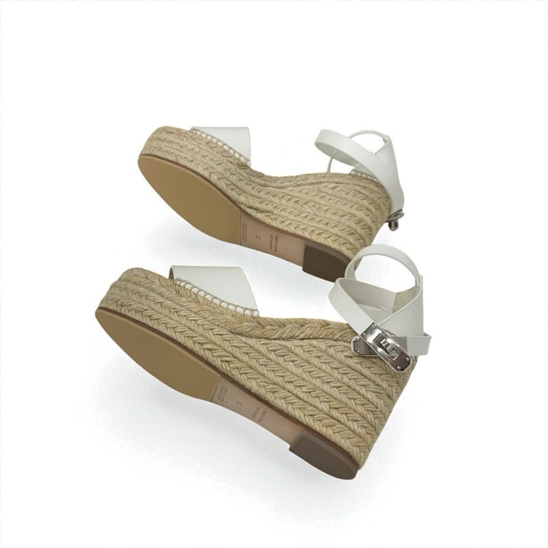 エルメス HERMES ティポリ サンダル 靴 シューズ レザー ホワイト 白 シルバー ストラップ ケリー金具 ウェッジソール