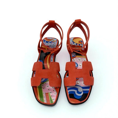 エルメス HERMES エイラ サンダル 靴 シューズ スエード レッド マルチカラー ツイリー付き ストラップ フラット