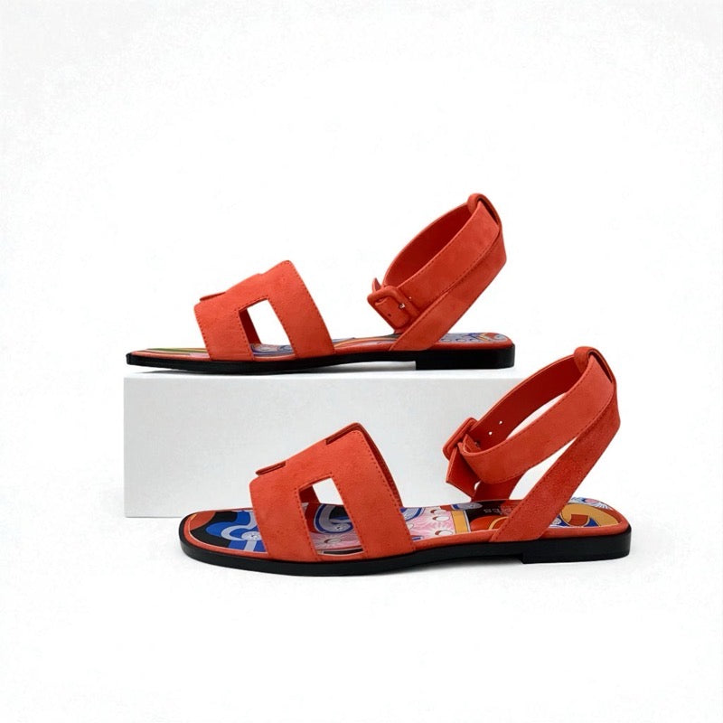 エルメス HERMES エイラ サンダル 靴 シューズ スエード レッド マルチカラー ツイリー付き ストラップ フラット