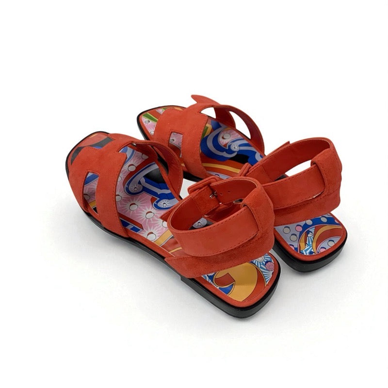 エルメス HERMES エイラ サンダル 靴 シューズ スエード レッド マルチカラー ツイリー付き ストラップ フラット