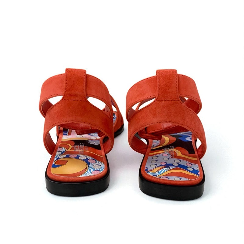 エルメス HERMES エイラ サンダル 靴 シューズ スエード レッド マルチカラー ツイリー付き ストラップ フラット