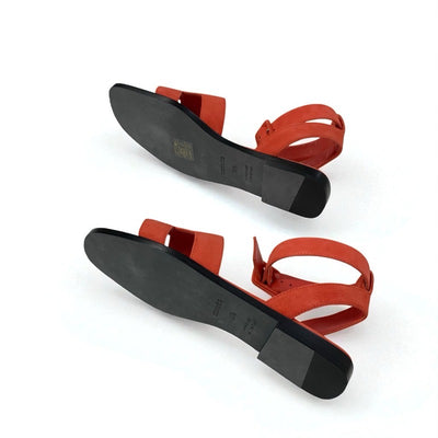 エルメス HERMES エイラ サンダル 靴 シューズ スエード レッド マルチカラー ツイリー付き ストラップ フラット