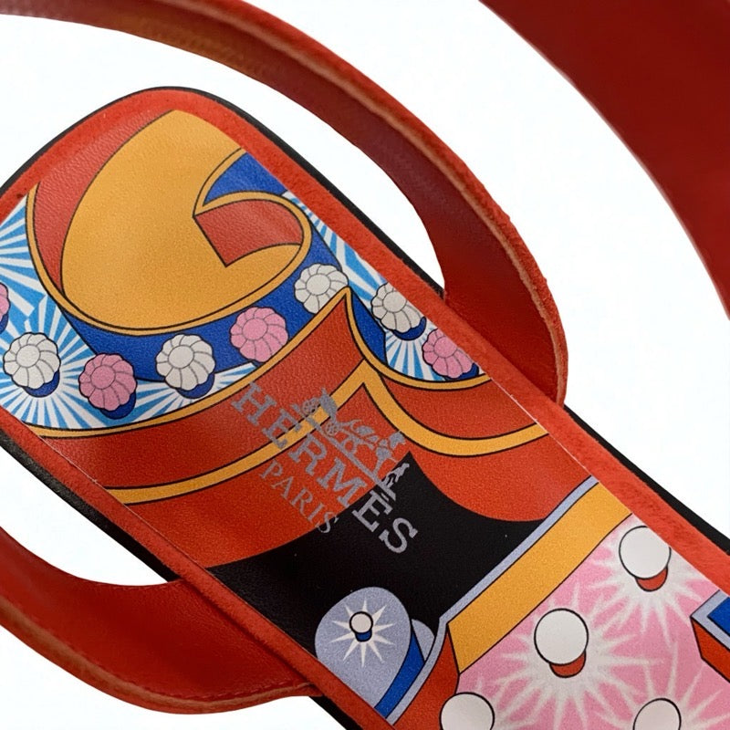 エルメス HERMES エイラ サンダル 靴 シューズ スエード レッド マルチカラー ツイリー付き ストラップ フラット