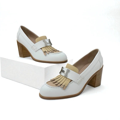 エルメス HERMES エリゼ パンプス 靴 シューズ レザー ホワイト ベージュ シルバー H金具 フリンジ ヒールローファー