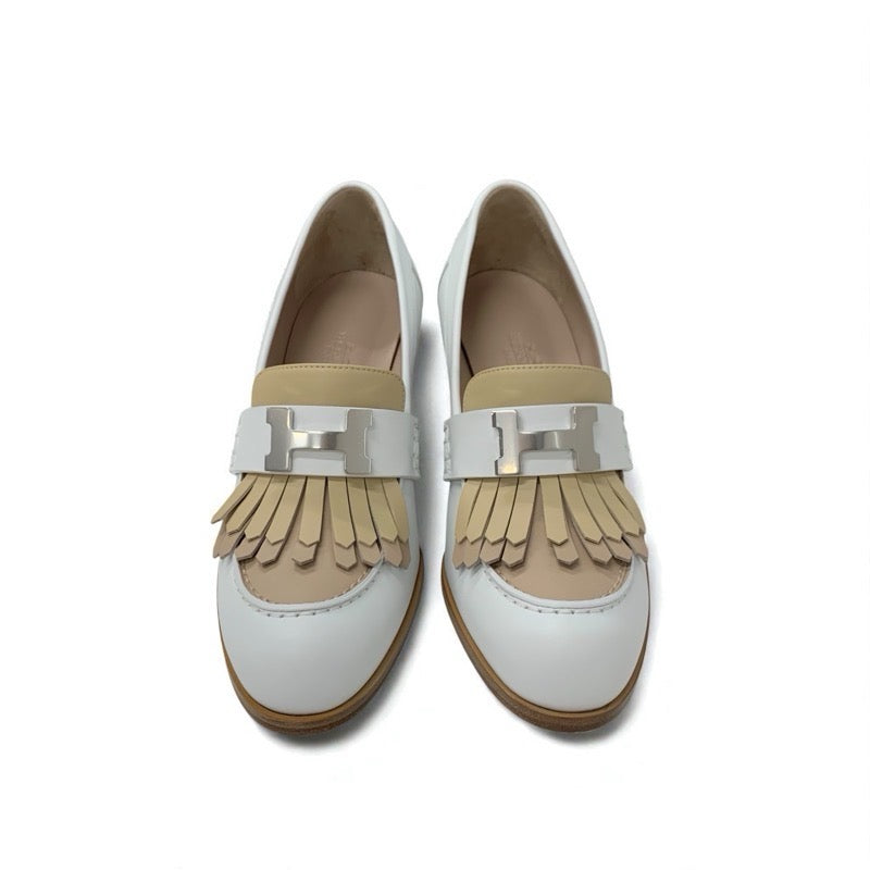 エルメス HERMES エリゼ パンプス 靴 シューズ レザー ホワイト ベージュ シルバー H金具 フリンジ ヒールローファー