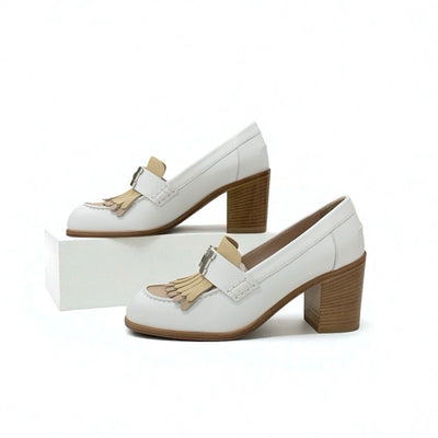 エルメス HERMES エリゼ パンプス 靴 シューズ レザー ホワイト ベージュ シルバー H金具 フリンジ ヒールローファー