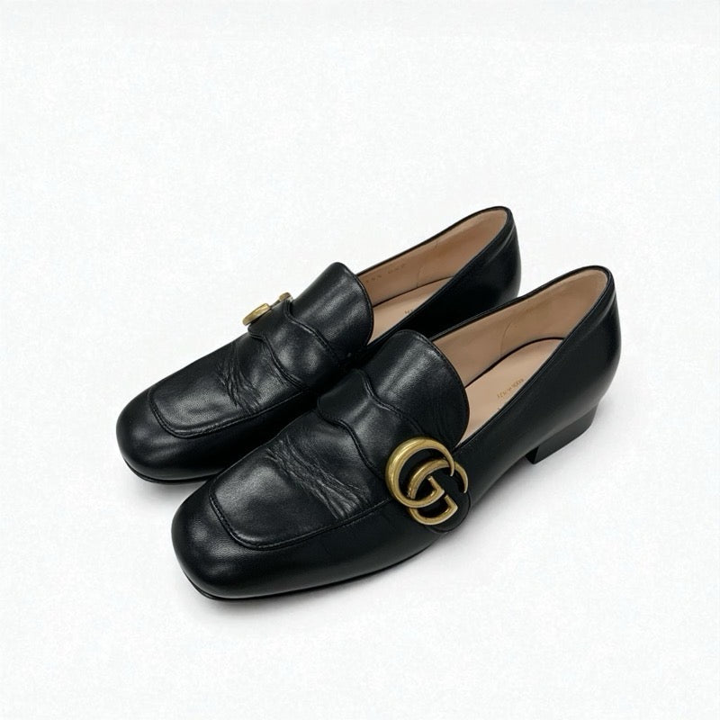 グッチ GUCCI ローファー 革靴 靴 シューズ レザー ブラック 黒 ゴールド ダブルG GGマーモント
