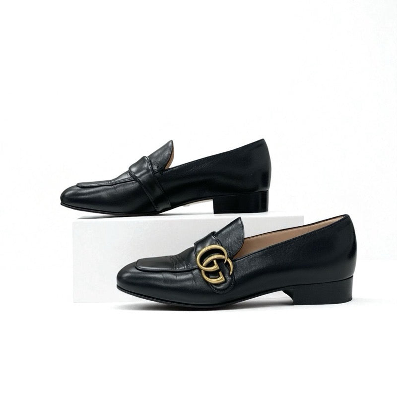 グッチ GUCCI ローファー 革靴 靴 シューズ レザー ブラック 黒 ゴールド ダブルG GGマーモント