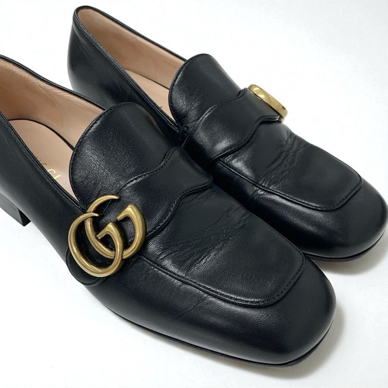 グッチ GUCCI ローファー 革靴 靴 シューズ レザー ブラック 黒 ゴールド ダブルG GGマーモント