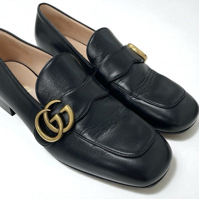 グッチ GUCCI ローファー 革靴 靴 シューズ レザー ブラック 黒 ゴールド ダブルG GGマーモント
