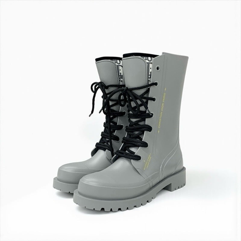 クリスチャンディオール CHRISTIAN DIOR ブーツ ショートブーツ 靴 シューズ ラバー グレー オブリーク レースアップ レインブーツ ミドル