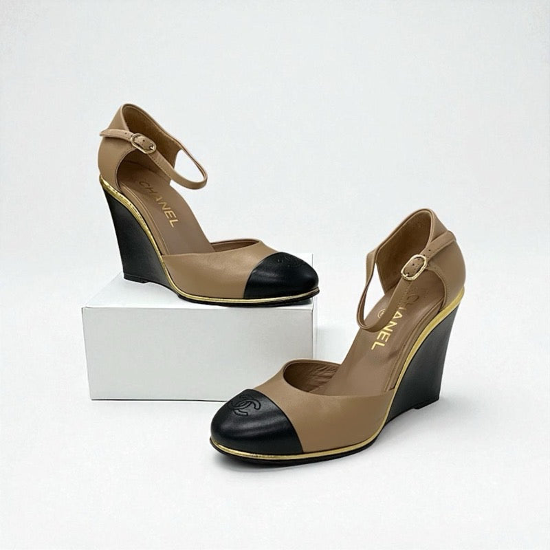 シャネル CHANEL パンプス 靴 シューズ レザー ブラウン ブラック ココマーク ウェッジソール ストラップ