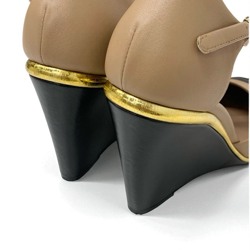 シャネル CHANEL パンプス 靴 シューズ レザー ブラウン ブラック ココマーク ウェッジソール ストラップ