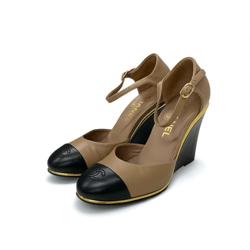 シャネル CHANEL パンプス 靴 シューズ レザー ブラウン ブラック ココマーク ウェッジソール ストラップ