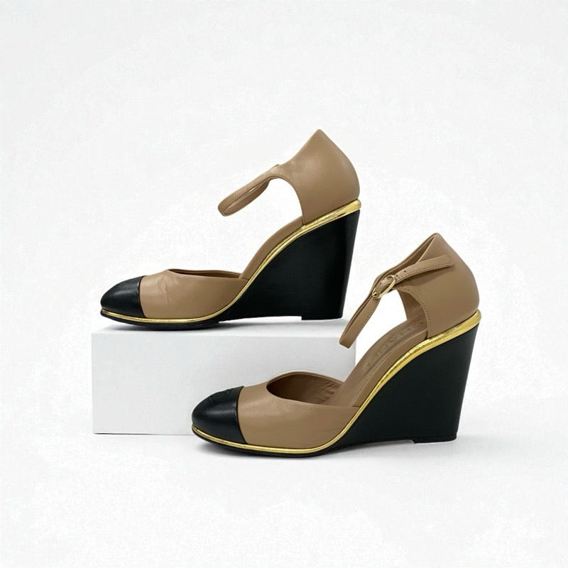 シャネル CHANEL パンプス 靴 シューズ レザー ブラウン ブラック ココマーク ウェッジソール ストラップ