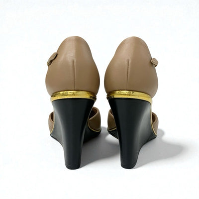 シャネル CHANEL パンプス 靴 シューズ レザー ブラウン ブラック ココマーク ウェッジソール ストラップ