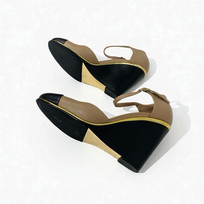 シャネル CHANEL パンプス 靴 シューズ レザー ブラウン ブラック ココマーク ウェッジソール ストラップ