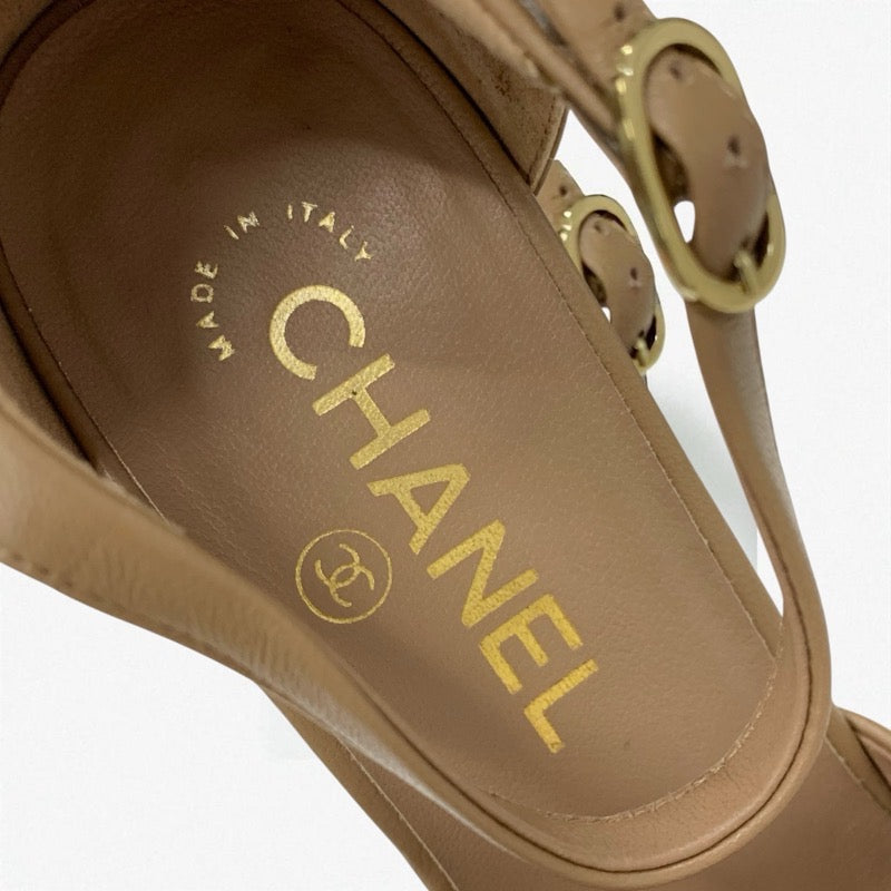 シャネル CHANEL パンプス 靴 シューズ レザー ブラウン ブラック ココマーク ウェッジソール ストラップ